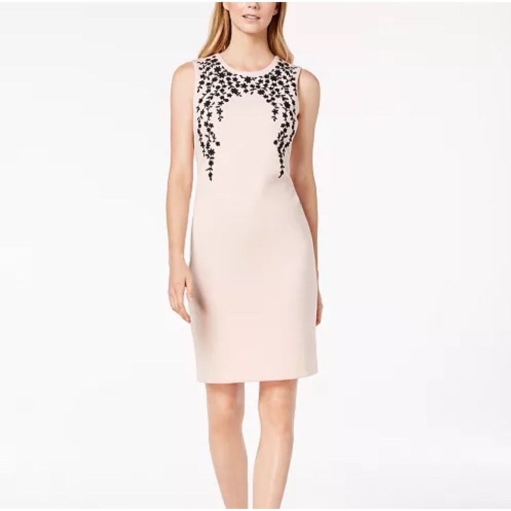 Calvin Klein Floral Beaded Sheath Dress Womens 8 Blush Classic Cocktail Wedding